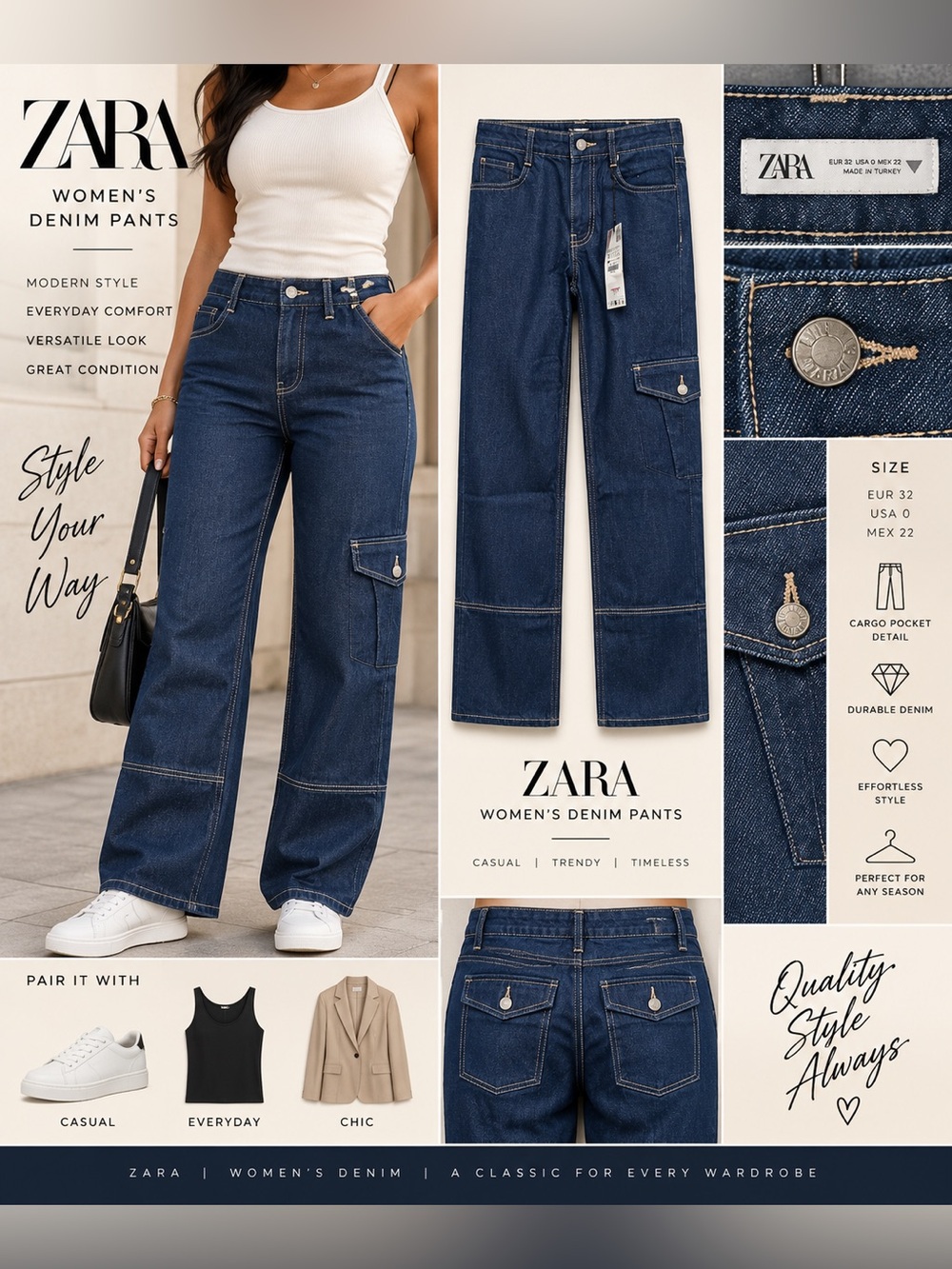 ZARA Dark Blue Wide-Leg Cargo Jeans - Women's Denim size 0